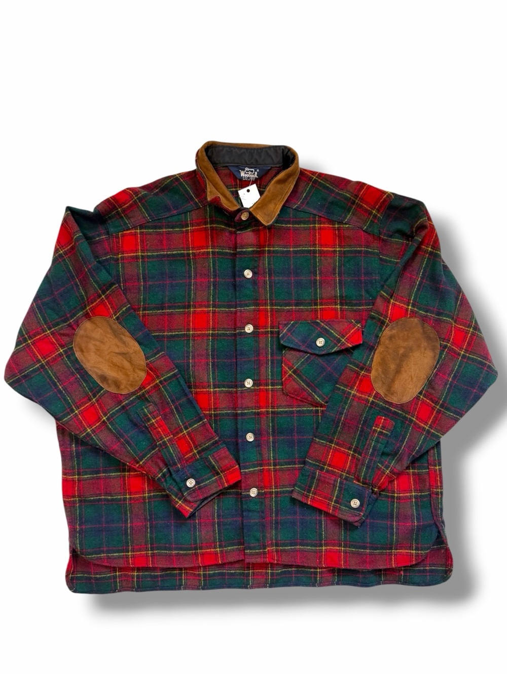 Vintage Woolrich Wool Plaid Shirt Jacket Suede Collar Elbow Patches USA